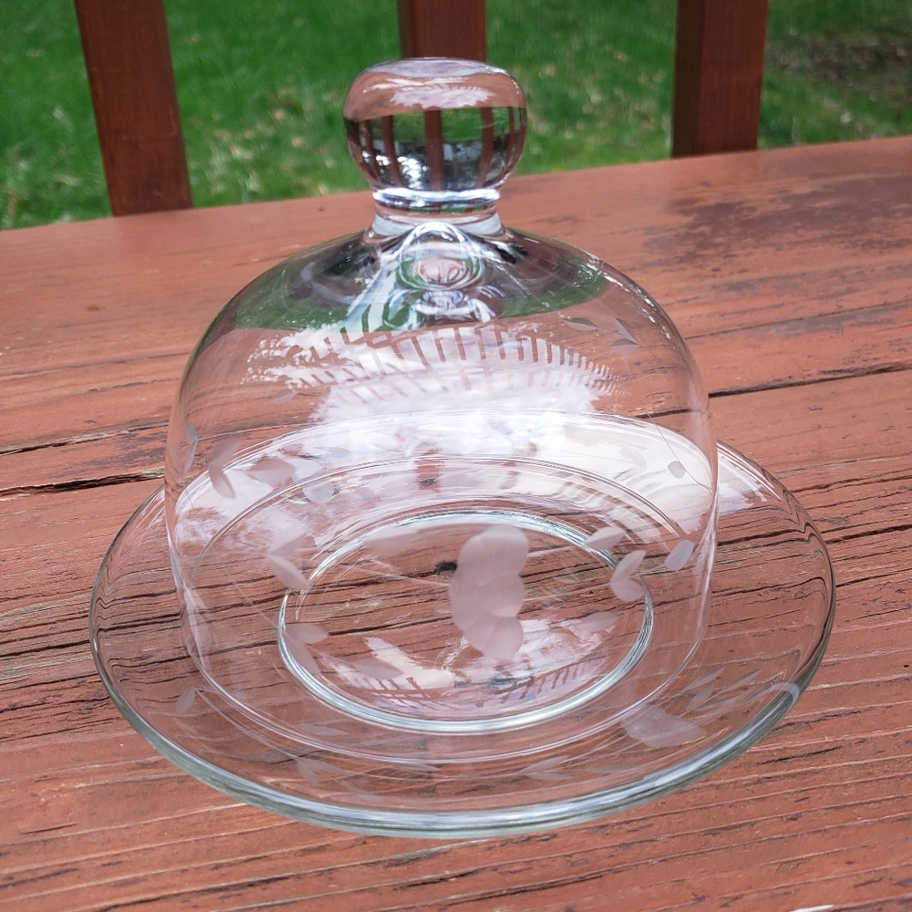 Older Cheese or Butter Glass Dish W/ Dome Lid With Etched Floral Design - Clear